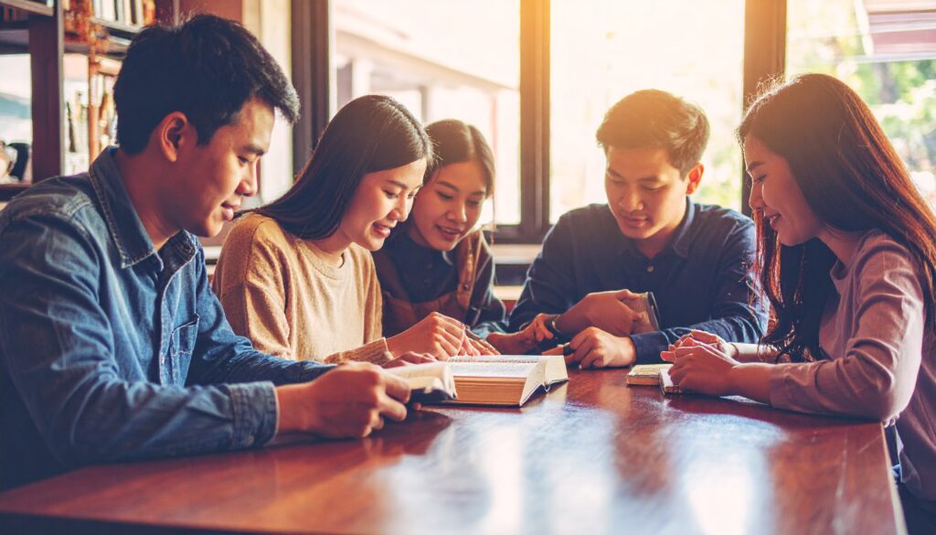 firefly create an image in 16 9 format that displays a divers group of bible studying togethe 393967