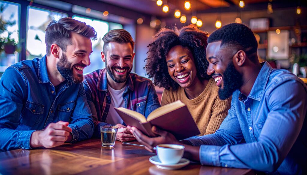 Parashat firefly create image of a cozy coffee shop with 3 4 young people studying the bible togethe 546348