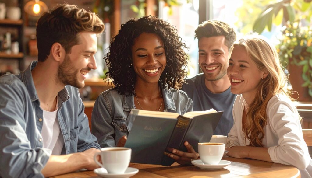 Parashat firefly create image of a cozy coffee shop with 3 4 young people studying the bible togethe 730275